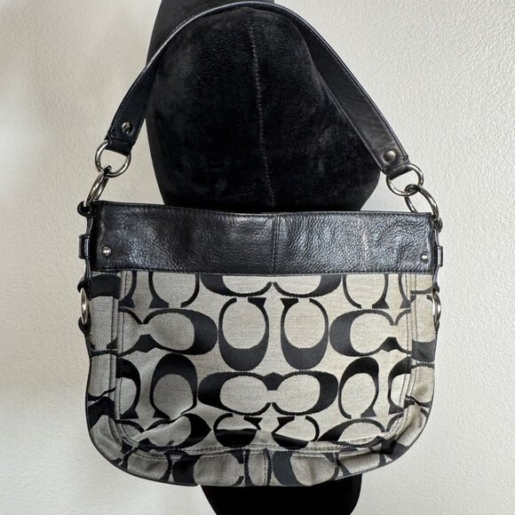 Coach Signature Black & Gray Fabric & Leather Shoulder Bag With Silver-Tone Hard - Picture 5 of 8